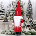 Gnome wine bottle cover in bright red with snowflake embroidery and white faux fur - Red Beard Style
