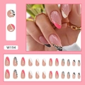 Almond shaped press-on nails with pink French tips and golden glitter ribbon accents - Colorful French Style (W194)