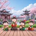 Set of four Tang Dynasty style lady figurines on a wooden terrace with cherry blossoms - Tang Xiaohuan Small Full Set