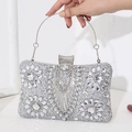 Luxury silver evening clutch bag featuring intricate floral rhinestone patterns and ring handle - Rectangle Pillow Box - Silver