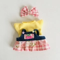 Rosa Schleife und gelbes T-Shirt mit Denim-Blumenkleid für 17cm Plüschpuppen Zubehör - Gelbes T-Shirt & Rosa Karierter Denim-Rock-Set (mit Haarklammer) / Passend für 17cm Puppe