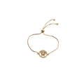 Detail of adjustable gold bracelet with colorful zircon butterfly charm and bolo clasp - Golden Box Chain