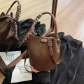 Brown woven bucket bag with silk scarf handle and adjustable crossbody strap - Coffee