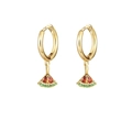 Watermelon drop earrings with green and red crystals on gold hoop for women - Watermelon Earrings