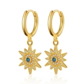 Golden sunburst hoop earrings with blue turquoise center stone and zircon details - Sun Star Blue Stone Pendant Earrings (KE0553)