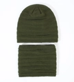 Detailed knit texture of olive green winter beanie and neck warmer scarf set - Army Green