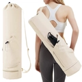 Beige canvas yoga mat carrier bag with adjustable shoulder strap and water bottle pocket - Beige