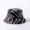 Close-up of zebra pattern plush bucket hat texture with soft black and grey faux fur - One Size(Adjustable) / Grey Zebra