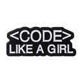 Enamel lapel pin badge featuring black and white Code Like A Girl design on white background - Code Like A Girl