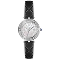 Women's watch with black quilted leather strap, silver diamond bezel and mother of pearl dial - Leather/Stainless Steel/Alloy / Silver Case White Dial Black Leather
