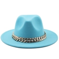 Sky blue wool felt fedora hat with a bold gold chain band detail on white background - M(56-58cm) / Lake Blue Birthday Hat