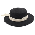 Detail of a black woven boater hat with a cream fabric ribbon on a clean white background - One Size / Black