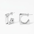 Polished silver stainless steel C-shaped square tube hoop earrings with butterfly backs - Polished Silver Style (PDE2432)