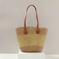 Women's summer straw tote bag with brown leather handles and yellow stripe detail - Khaki + Gold Braid Decoration
