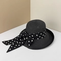 Black wide-brim straw sun hat with elegant black and white polka dot ribbon bow - Black