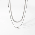 Detail of silver double-layered snake bone necklace and beaded chain on white background - Silver
