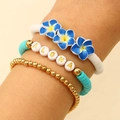 Set de 3 pulseras de arcilla polimérica con cuentas ALOHA y flores de plumeria - Juego de 3 Piezas Letra Aloha (WG-1144) / Azul