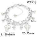 Silver double-layer stainless steel chain bracelet with ball and cross charms - Style C Steel Color (KB187007-Z)