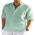 Detail of mint green cotton linen shirt with V-neckline and buttoned sleeves for men - S / Light Green