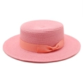 Pink flat-top straw sun hat with a decorative bow ribbon for summer outdoor beach travel - Dusky Pink