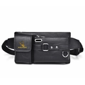 Men's retro black PU leather waist bag with golden WEIXIER logo and metal buckles - Plain Weave / Black