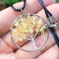 Handmade Tree of Life pendant with yellow crystal stones and black leather cord - Citrine