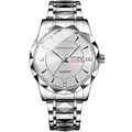 Silver quartz watch for men with tungsten steel band and dual calendar display window - Silver Band White Dial Men