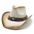 Handcrafted western cowboy hat in cream with turquoise stone and ethnic bead detailing - M (56-58cm) / Creamy White & Coffee