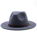 Detail of blue-gray wool fedora hat featuring a brown woven band and vintage metal badge - M (56-58cm) / Dark Gray