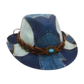 Retro denim patchwork fedora with braided leather band and turquoise stone detail - Kids Size / Royal Blue