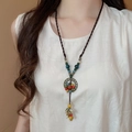 Bohemian brown tassel necklace with vintage metal pendant and colorful beads on model - 15# Necklace - Colorful Mixed Splicing