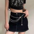 Multi-layer silver butterfly chain belt with vintage sun relief on denim skirt - Silver Chain K0140A