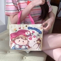 Mini canvas tote bag with pink handles and sweet cartoon girl illustration for lunch - Sister Rabbit