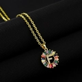 Golden round necklace with crystal letter F and multicolored stones on black fabric - Gold Plated Rainbow Zirconia Letter F