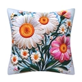 Square cushion cover with 3D floral embroidery effect featuring white daisy and pink flowers - 18x18 Inch