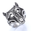 Vintage Viking wolf head ring in antique silver finish for a bold retro Nordic style look - US 8 / Steel Color (04203)