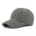 Dark grey cable-knit baseball cap for women with warm ribbed brim for winter - Gray