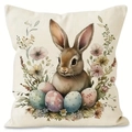 Easter decorative linen pillow cover with cute brown bunny and colorful egg prints - Style 3