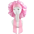 Detail view of pink satin bonnet featuring long adjustable ties and elastic pleated edge - Pink