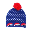 Blue Christmas beanie with red pompom and sunglasses print on a clean white background - Hat Style 57 (Blue Polka Dot Sunglasses)
