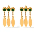 Gold-plated drop earrings with three green cubic zirconia stones and leaf tassel charms - Gold + Green Zirconia