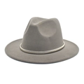 Detail of grey wool fedora hat with a thin gold metal band and wide flat brim - Light Gray