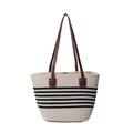 Grand sac fourre-tout tissé à rayures avec lanières en cuir marron pour l'été - Blanc