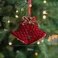 Red flocked double bell Christmas ornament with gold glitter bow hanging on tree - Red Flocked Flat Double Bells