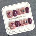 Handgemaakte cat-eye press-on nagels met sterren, hart-strass en zwarte stippen - XS / Lijm Type