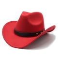 Vue latérale d'un chapeau de cowboy en feutre rouge avec ceinture à rivets en métal - M(56-58cm) / Rouge