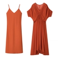 Orangerotes zweiteiliges Kleid mit V-Ausschnitt, Raffung und Fledermausärmeln - S / Orangerot