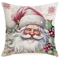 Linen Christmas pillowcase featuring a classic Santa Claus illustration with red snowflakes - 45x45cm Single Side No Core / Red Santa Claus