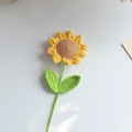 Handmade knitted sunflower with yellow petals and green stem on white background - Sunflower Single Stem With Two Leaves (6 Rings Stem Length 30cm)