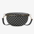 Fashionable black fanny pack for women with white geometric pattern and gold zippers - Black